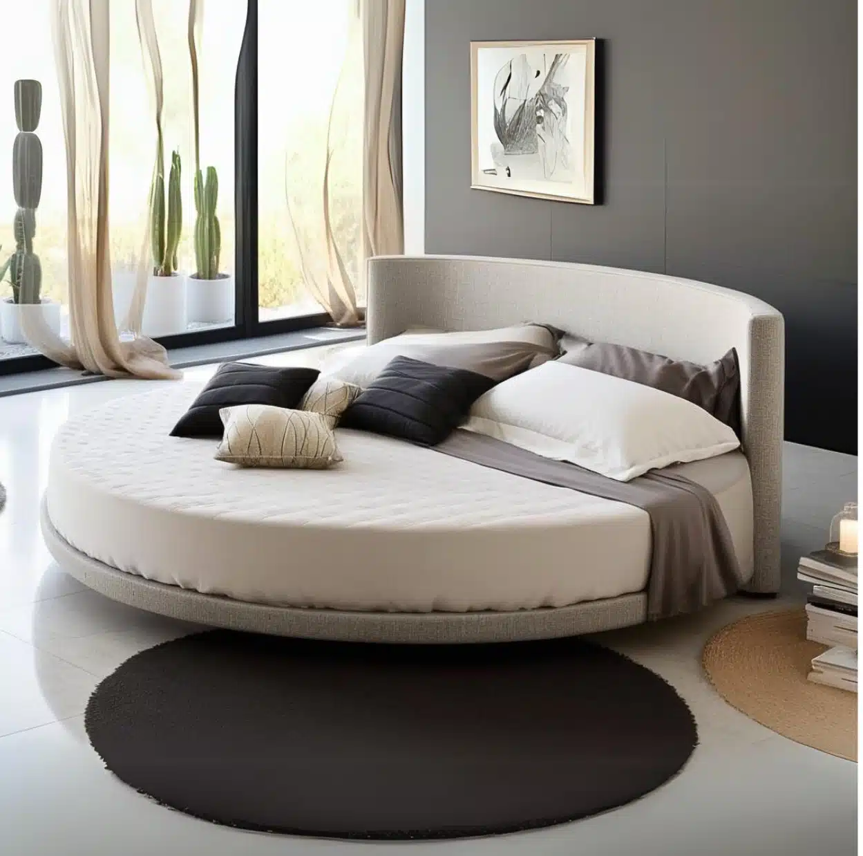 Letto rotondo matrimoniale di design al centro di una camera da letto moderna