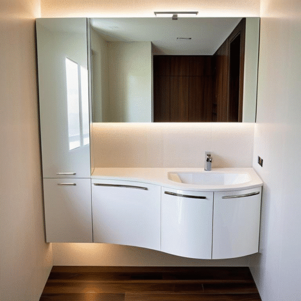 Arredo bagno moderno con terminali curvi salvaspazio e piano Top Jolly con lavabo integrato in Mineralguss.