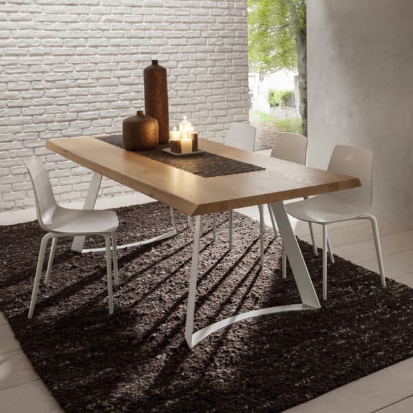 Bruno - Tavolo design fisso con piano scortecciato e struttura in metallo verniciato