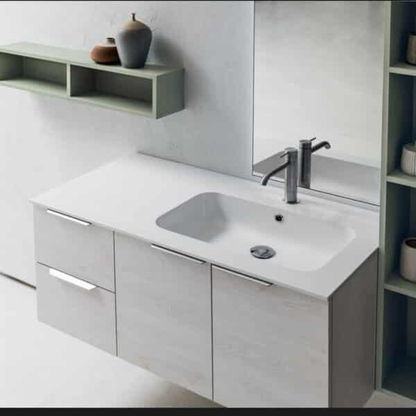 B201 BD008 - Mobile bagno COMPAB di design, profondità 51 cm. Dettaglio finitura legno e cassetto.