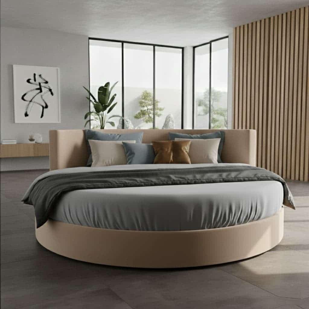 Letto rotondo matrimoniale Ring Lord imbottito beige