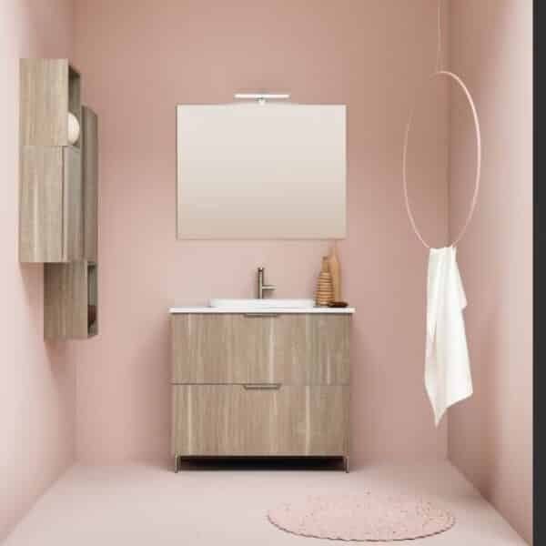 UP007 Mobile arredo bagno a terra COMPAB, 96cm – dettaglio anta e cassetti con finitura legno chiaro