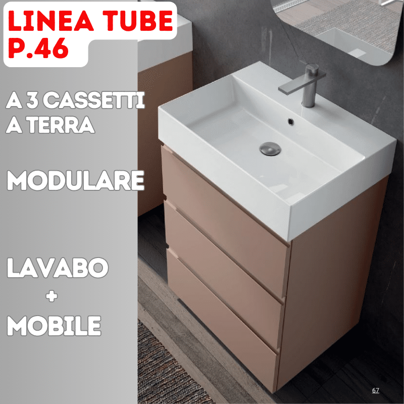 Tube P.46 x L.61 Mobile Bagno Design a Terra a 3 Cassetti con Lavabo in Ceramica