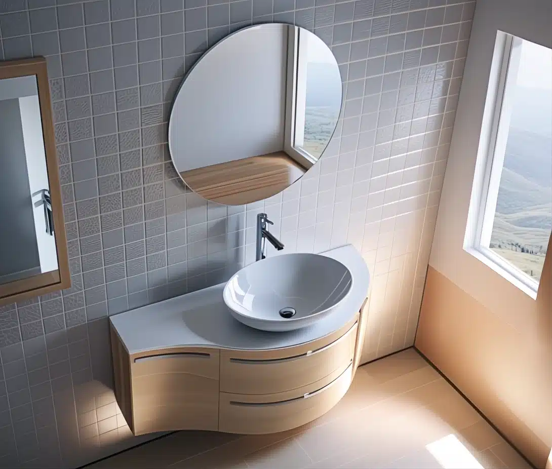 Dettaglio del mobile bagno curvo Arcom Jolly con lavabo da appoggio, ideale per spazi stretti. Mobile bagno salvaspazio curvo Arcom Jolly con lavabo da appoggio