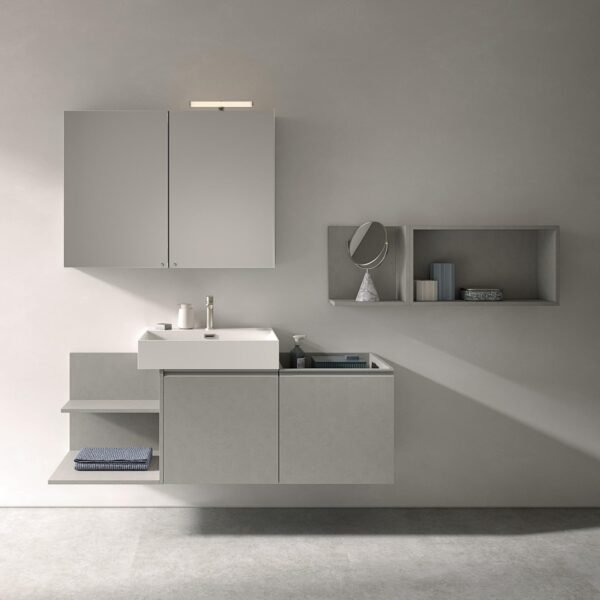 Mobile Bagno Compab BK12 - Design moderno sospeso, vista frontale, finitura rovere chiaro, lavabo integrato