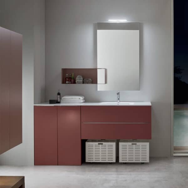 Arredo lavanderia con panca multifunzione I-WASH 03 di ARCOM in finitura Laccato Porpora Opaco.