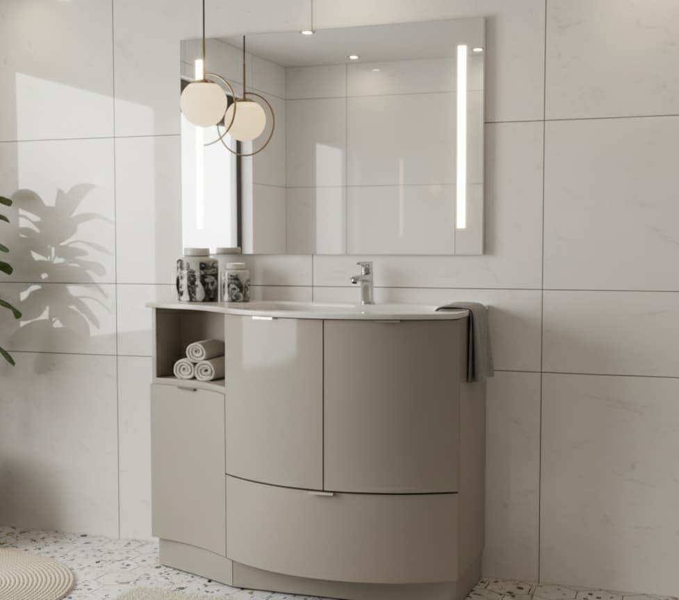 Tendenze arredo bagno 2026 mobile curvo sospeso Compab Versus