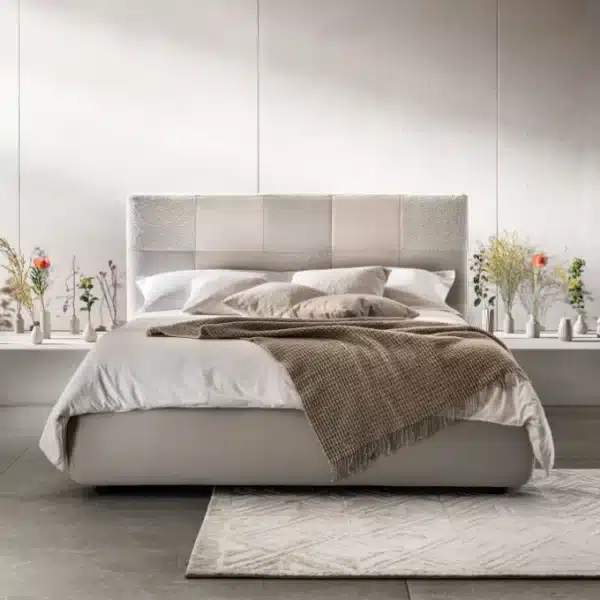 Letto matrimoniale Samoa ESSE con testiera patchwork, tessile, moderno, beige/crema.