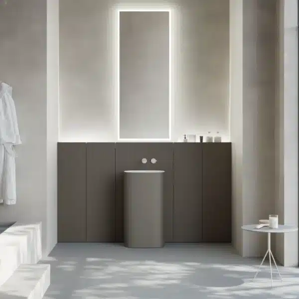 Mobile bagno grigio Baxar M3 Wally con lavabo freestanding e specchio. Design italiano moderno.