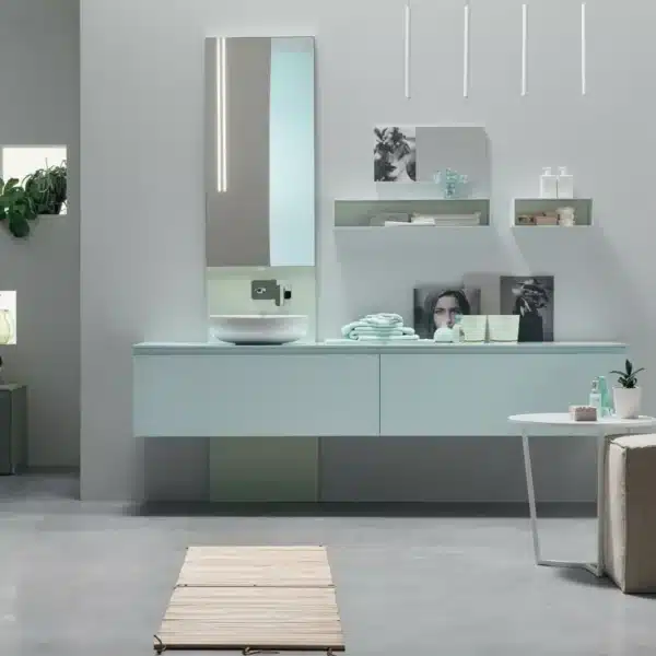 Mobile bagno moderno Arcom Soul 10 celeste con lavabo ceramica e specchio illuminato.