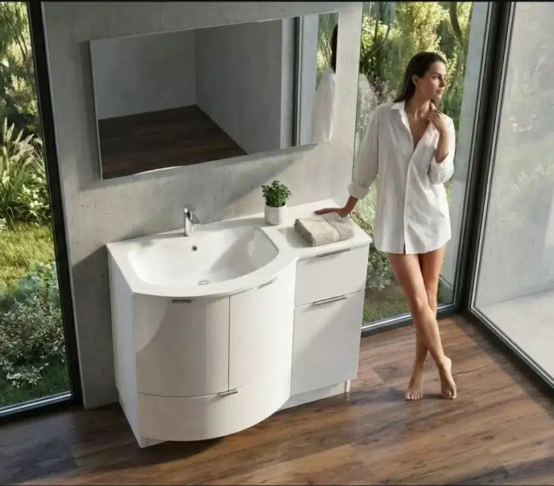 CHEN CN9 – Mobile arredo bagno design curvo stondato L.106 cm Bianco Lucido Laccato