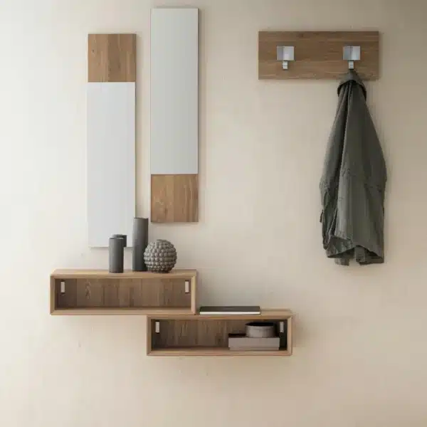 Mobile ingresso moderno in legno rovere e specchi design nordico.